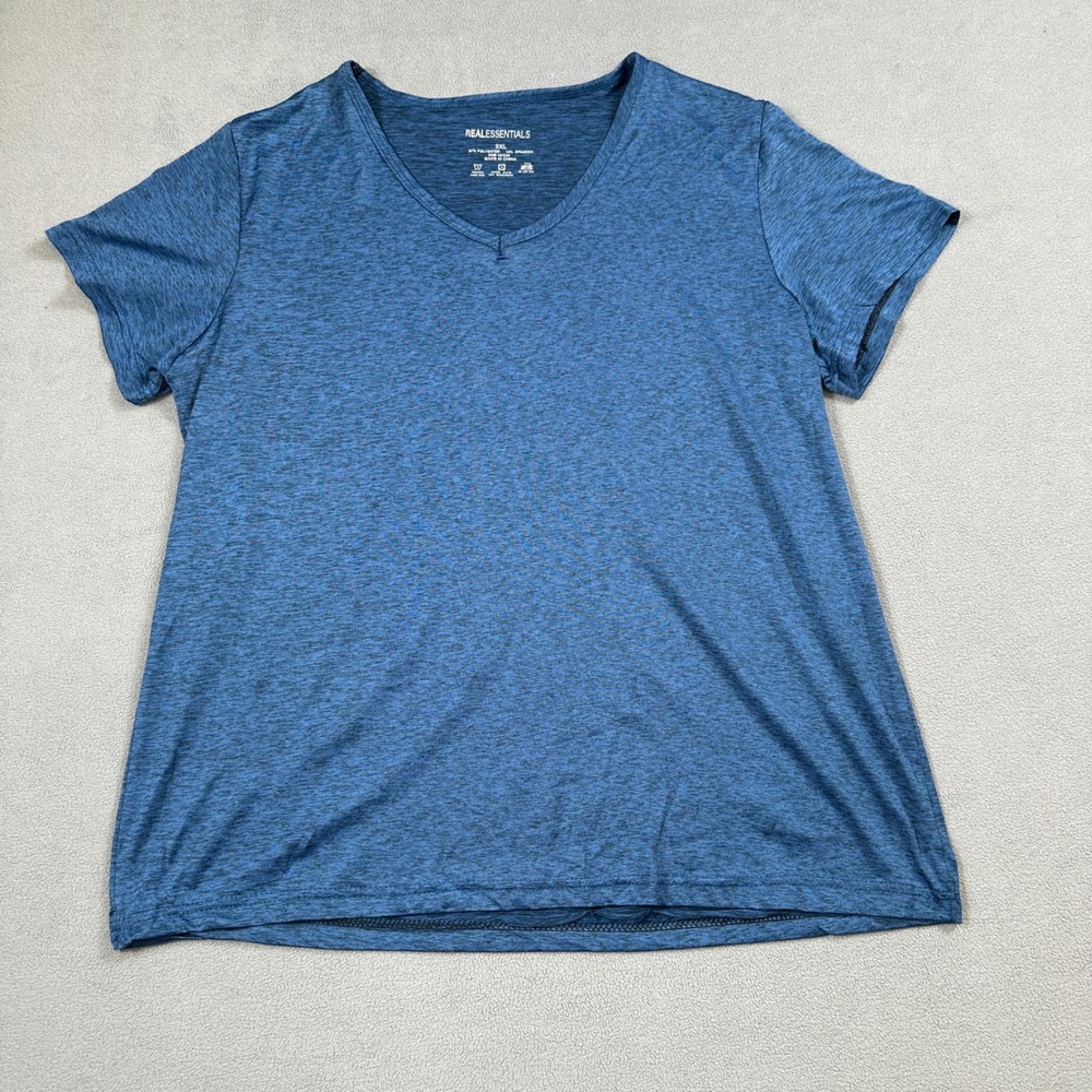 NWOT RealEssentials Shirt 2XL Men Blue V-Neck Short Sleeve Tee Casual Activewear
